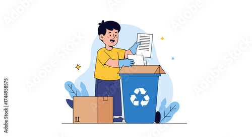 A young boy wearing blue gloves sorts paper into a recycling bin.