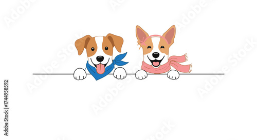 Two happy dogs wearing bandanas and scarves posing for a picture.