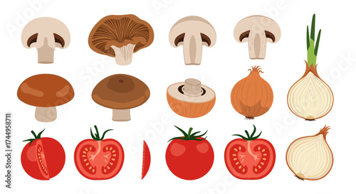 A collection of fresh vegetables including mushrooms tomatoes and onions for healthy cooking