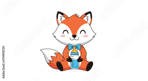 Adorable baby fox wearing a blue bow tie holding a milk bottle for feeding time.