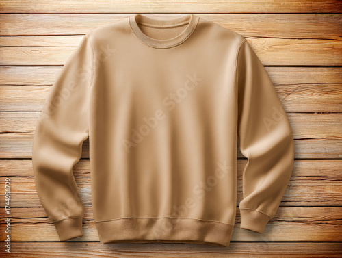 A minimalistic shot of a plain beige crewneck sweatshirt, carefully laid flat on a rustic wooden backdrop