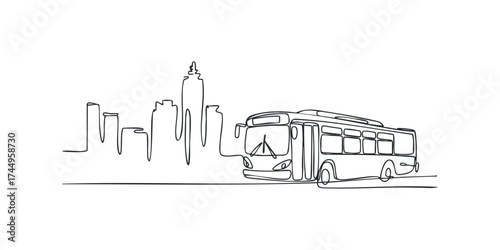 Continuous line drawing of a bus in a city