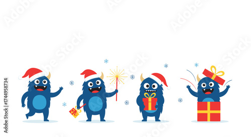 Cute blue monsters celebrating christmas with gifts and sparklers