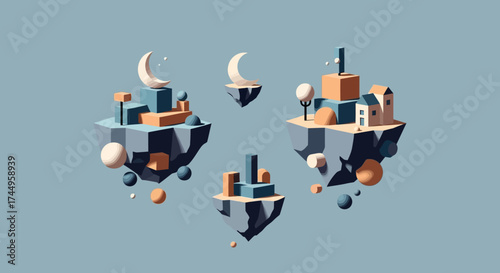 Surreal miniature worlds on floating islands with geometric buildings.