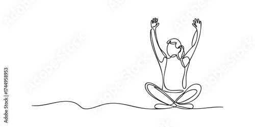 Person in lotus pose with arms raised in continuous line style