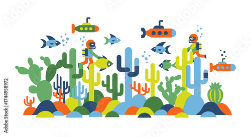 Surreal Underwater Desert Scene with Divers and Submarines.