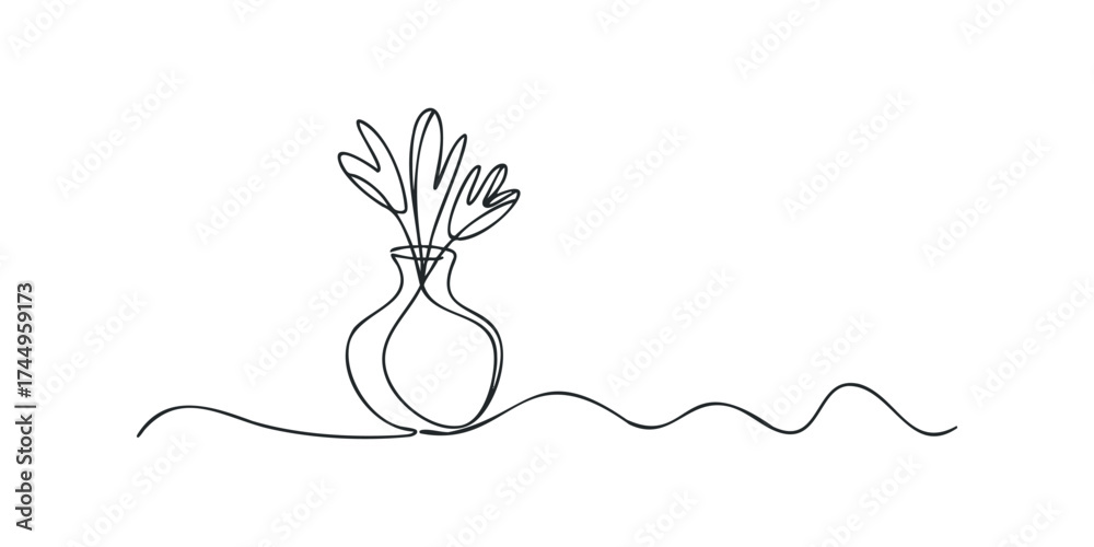 Fototapeta premium Single line drawing of flowers in vase on wavy line