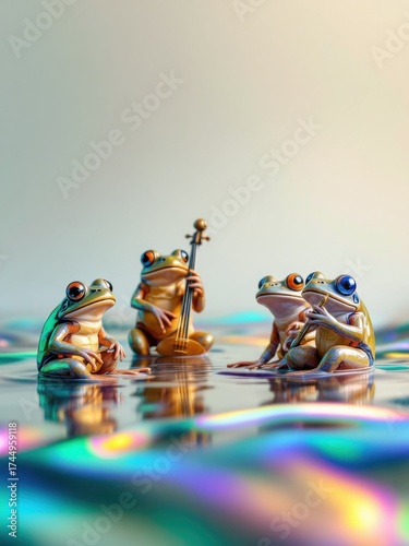 Four cute frogs playing acoustic guitars in a band