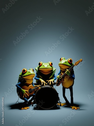 Trio of cute anthropomorphic frogs playing guitar and double bass in a music band on an orange background.
