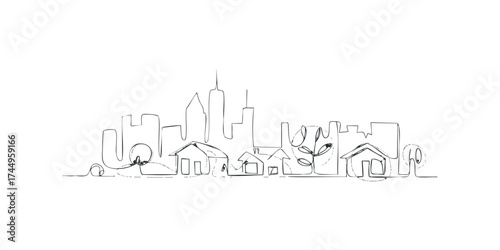 Minimalist line art cityscape with houses and trees