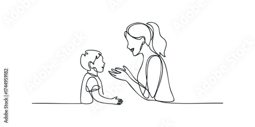 Woman speaking to a young boy in line drawing
