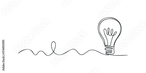 Single line drawing of a light bulb with filament