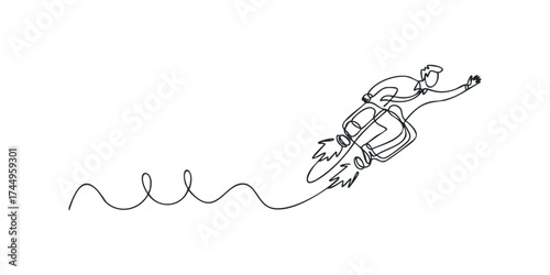 Man with jetpack flying through air leaving trail