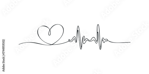 Single line drawing of a heart and heart rhythm