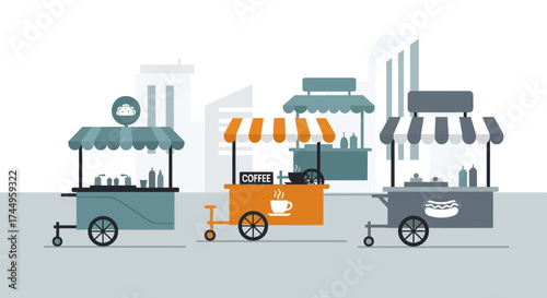 Three colorful food carts with awnings offering various street food items.