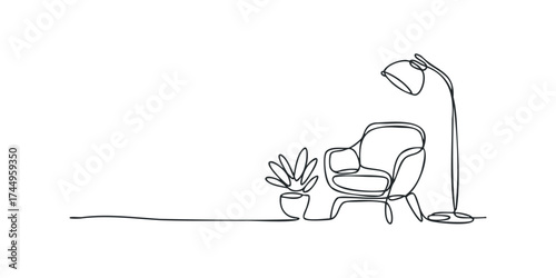 Minimalist armchair with floor lamp and plant