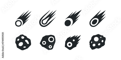 Space rock and meteorite icons set