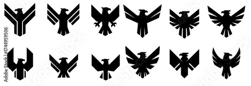 Vector art of collection of eagle icons featuring various stylized representations of the bird in black silhouette