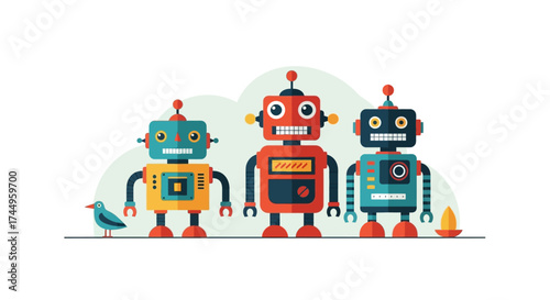 Three colorful robots standing together with a small bird.