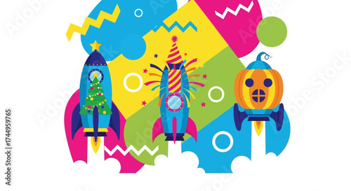 Three colorful rockets launching into space with festive elements.