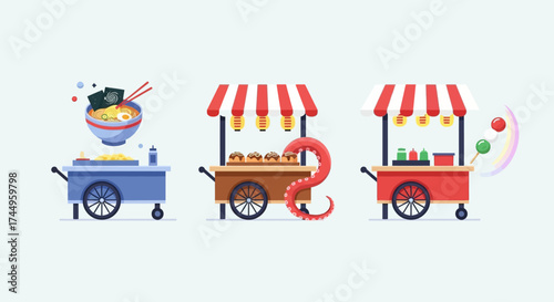 Three colorful street food carts offering various delicious snacks and meals.