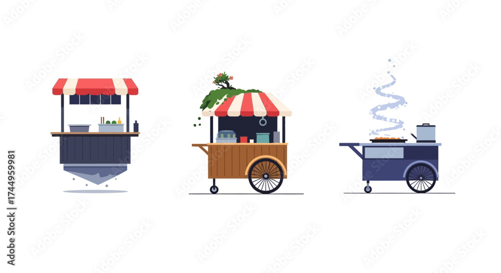 Obraz premium Three distinct food carts offering various street food options.
