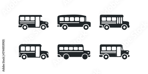 Set of six stylized school bus icons on white background