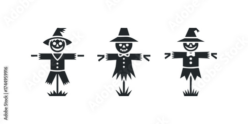 Three scarecrow icons for Halloween or harvest themes