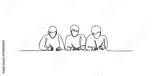 Three people writing at a table continuous line drawing