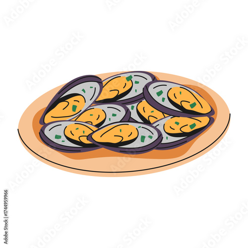 Mussels or seafood on plate. Vector icon of shellfish. Steamed or grilled food on platter for restaurant or cafe menu. Marine cooking and sea nutrition sign. Culinary and cooking, recipe, gastronomy.