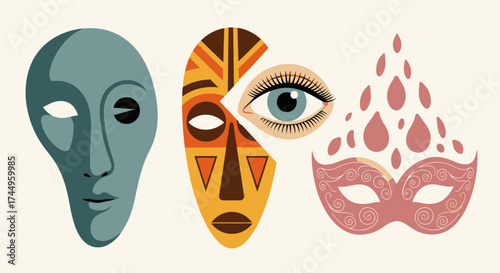 Three distinct masks with varied artistic styles and symbolism.