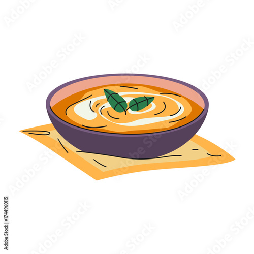 Pumpkin soup in bowl or vegetarian food. Vector autumn dish or seasonal harvest meal. Restaurant and cafe menu icon. Sign for vegan nutrition. Cuisine appetizer. Gourmet and gastronomy, cooking sign.