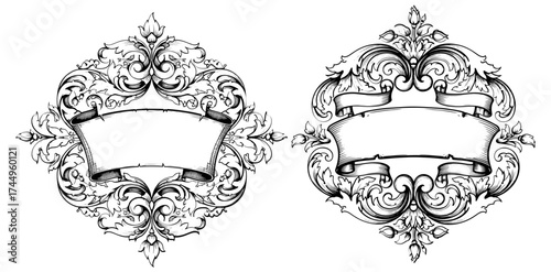 Vector art of two vintage frames with floral ornaments and ribbons, perfect for adding a touch of elegance and charm