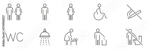 Restroom And Facility Sign Line Icon Set. Gender, Accessibility and Hygiene Symbols Collection. Includes No Smoking, Shower, Baby Changing and Waste Disposal Icons. Isolated Vector Illustration