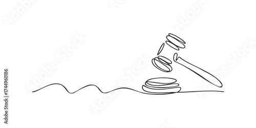 Gavel striking stack of coins minimal outline