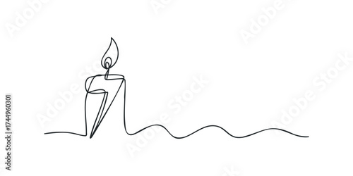 Single line drawing of a burning candle with a long wick