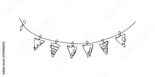 Continuous line drawing of festive garland with pennants