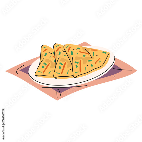 Scallion pancake or Chinese food. Vector cong you bing or green onion meal. Traditional Asian dish with dough. Oriental street food or gourmet culinary. Gastronomy or restaurant menu icon. Appetizer.
