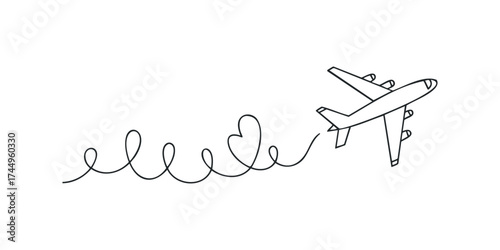 Airplane leaving heart shaped contrail line art