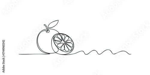 Line drawing of an orange with a slice and wavy line