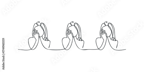 Three women covering faces with hands in continuous line drawing style