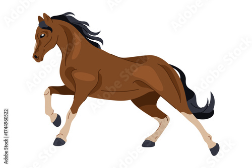 Hackney british horse or english animal breed. Vector purebred mammal with hoof and mane. Equestrian movement or motion. Mare for carriage driving or muscular broodmare with stamina run. Equine icon.