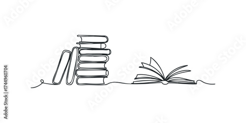 Stack of books and open book one line drawing
