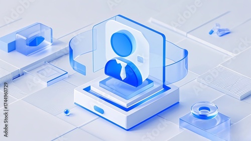 A 3D character icon with a blue gradient and a tie, with a transparent frosted glass texture, representing customer information, etc
