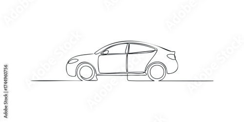 Continuous line drawing of a sedan automobile from the side