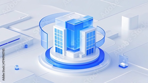 A 3D industrial building icon with a blue gradient, with a transparent frosted glass texture, indicating architectural information, etc