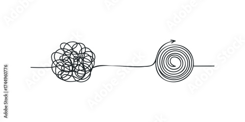 Tangled line unraveling into a spiral with arrow