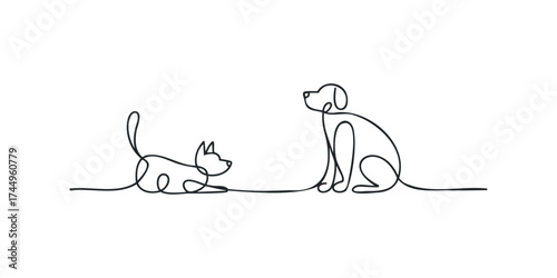 Continuous Line Drawing of a Cat and Dog