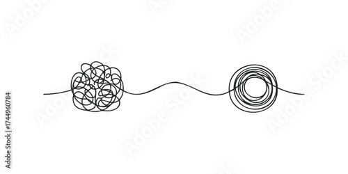 Tangled line transitioning to organized circle on white