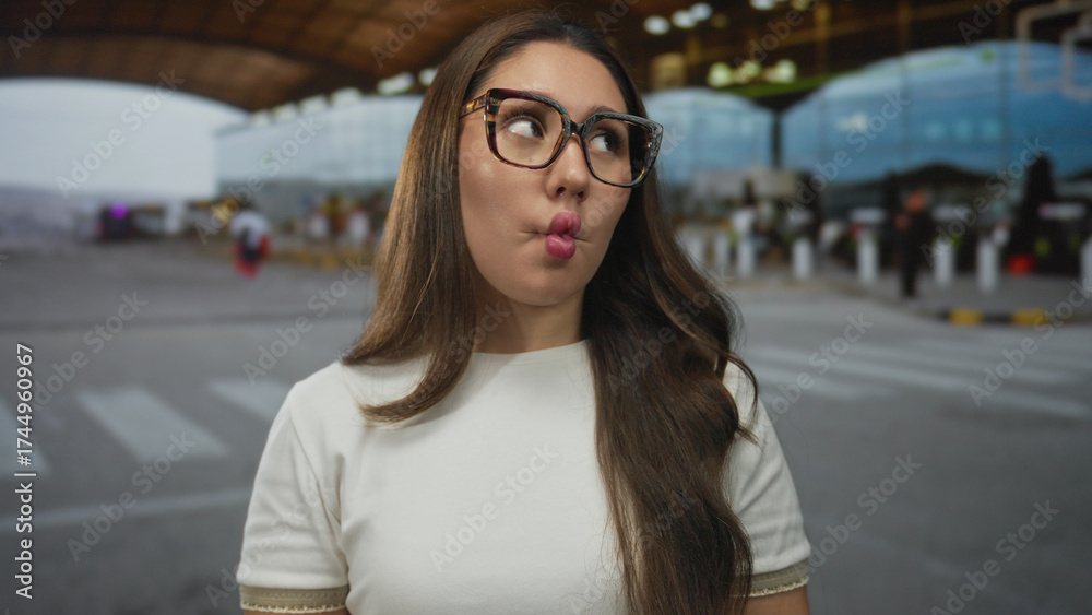 Fototapeta premium Young hispanic woman wearing glasses purses lips and closes eyes while standing in a busy airport terminal; impatience.